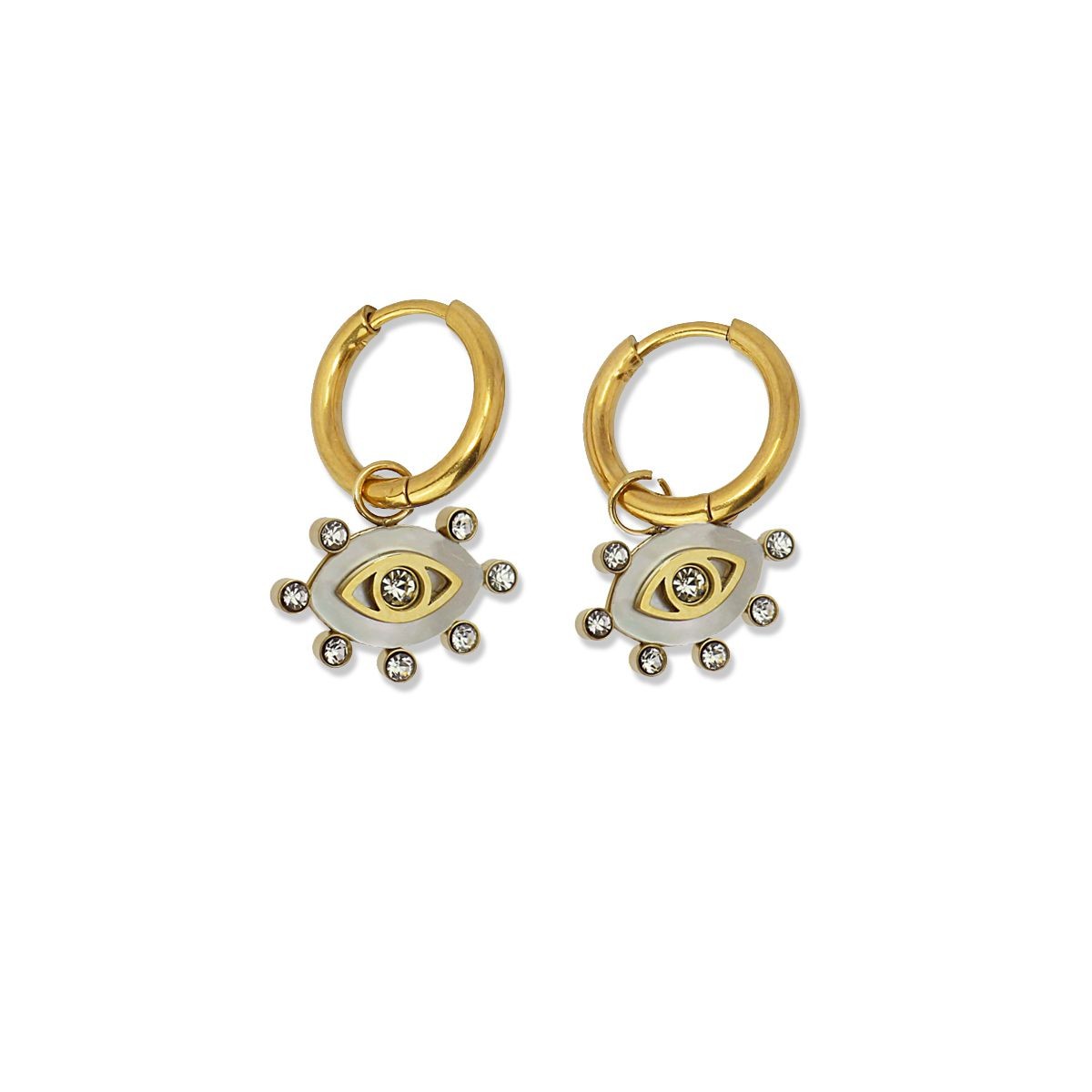 pendientes mini aros abalorio ojo piedra natural circonitas acero blanco