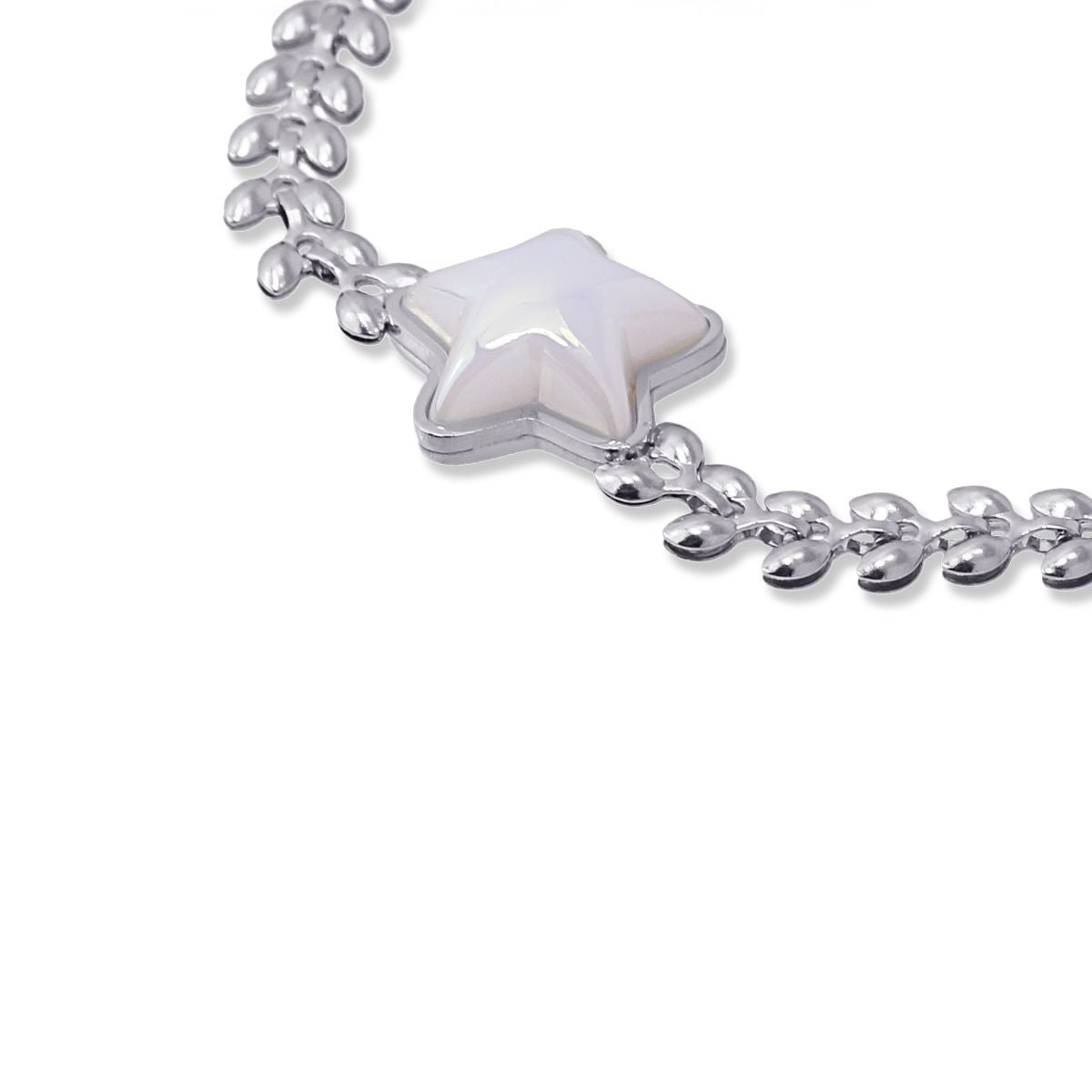 pulsera acero cadena hojas detalle estrella nácar plata