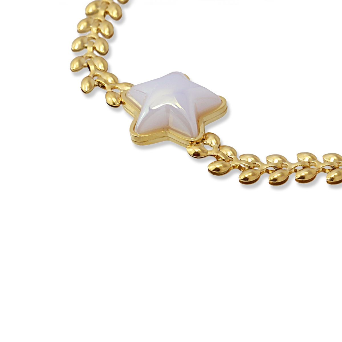 pulsera acero cadena hojas detalle estrella nácar oro