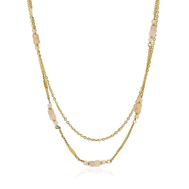Collar doble con piedras rosa 2