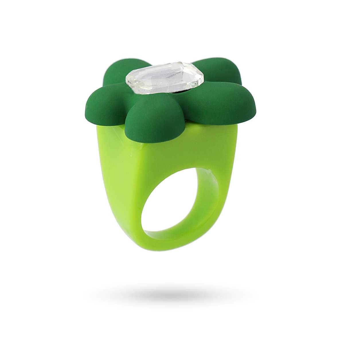 maxi anillo plastico reciclado flor piedra brillante  verde