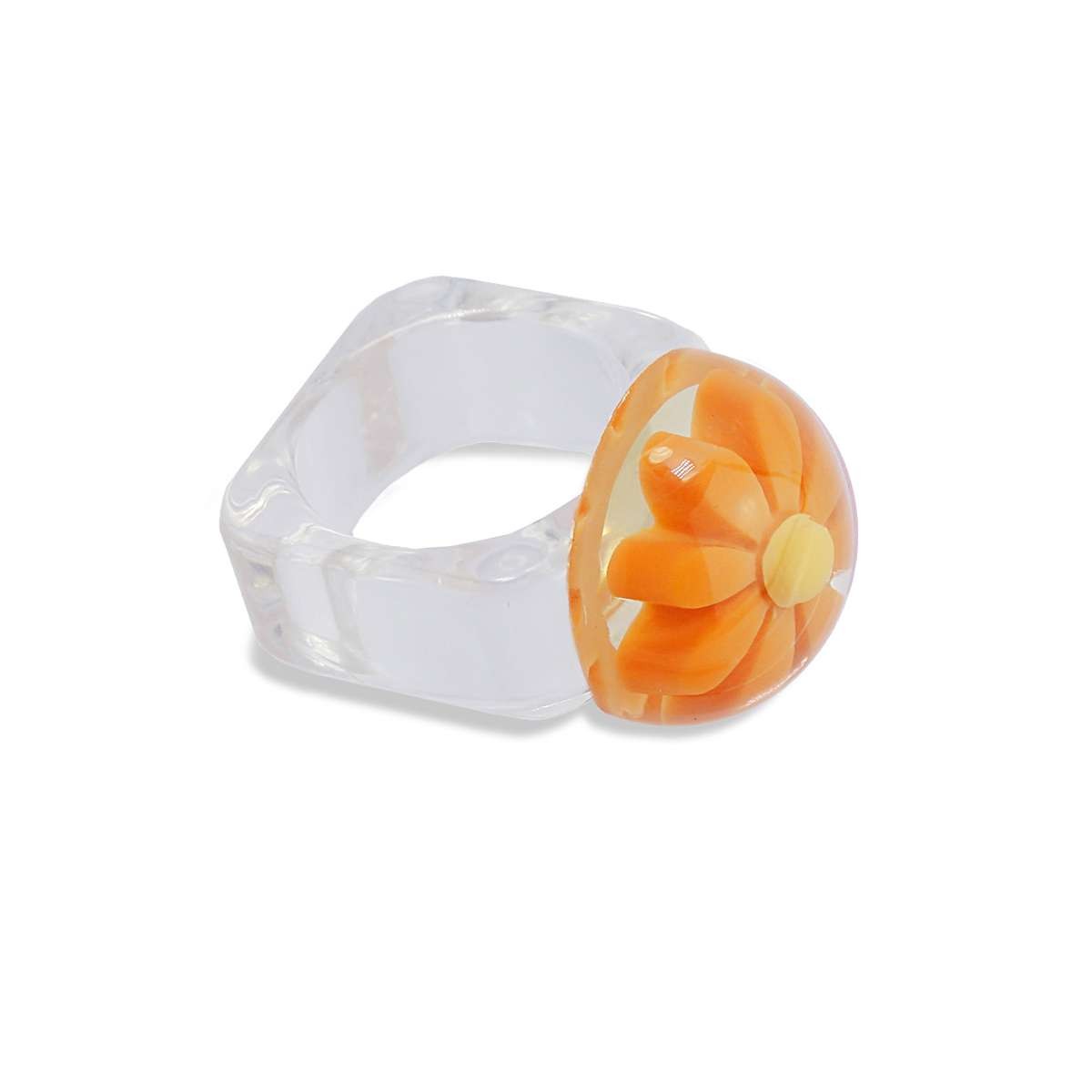 maxi anillo plastico transparente reciclado semiesfera flor margarita  naranja