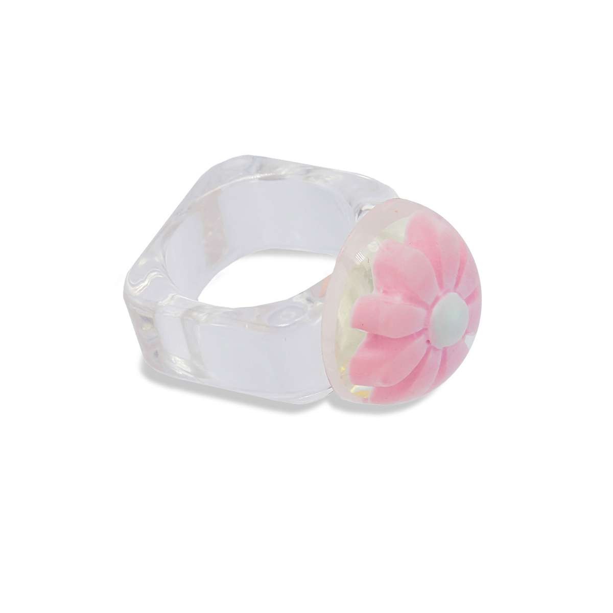 maxi anillo plastico transparente reciclado semiesfera flor margarita rosa