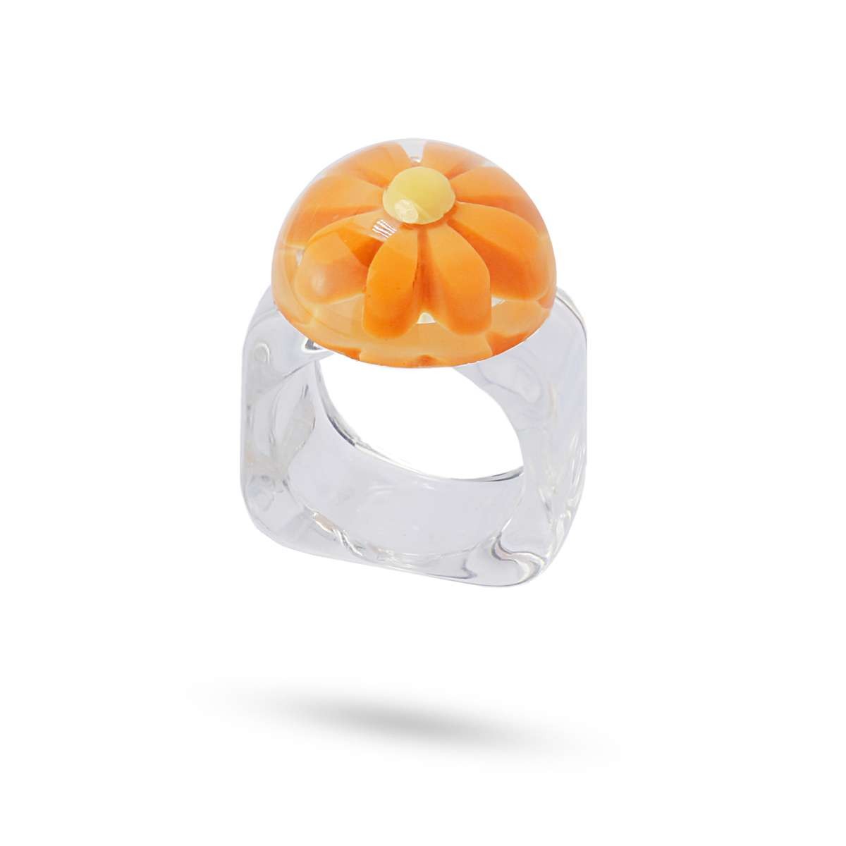 maxi anillo plastico transparente reciclado semiesfera flor margarita anartxy naranja