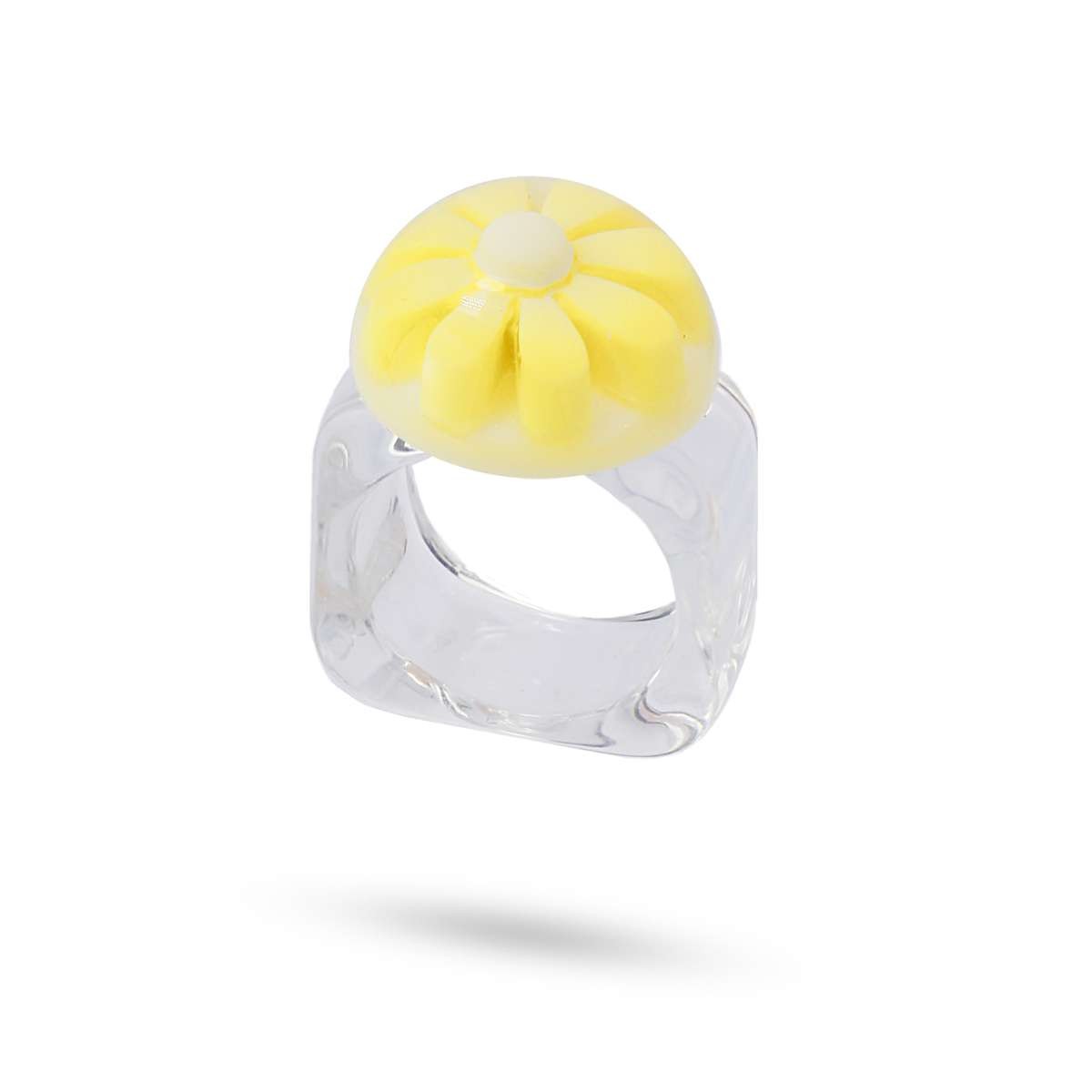 maxi anillo plastico transparente reciclado semiesfera flor margarita anartxy  amarillo