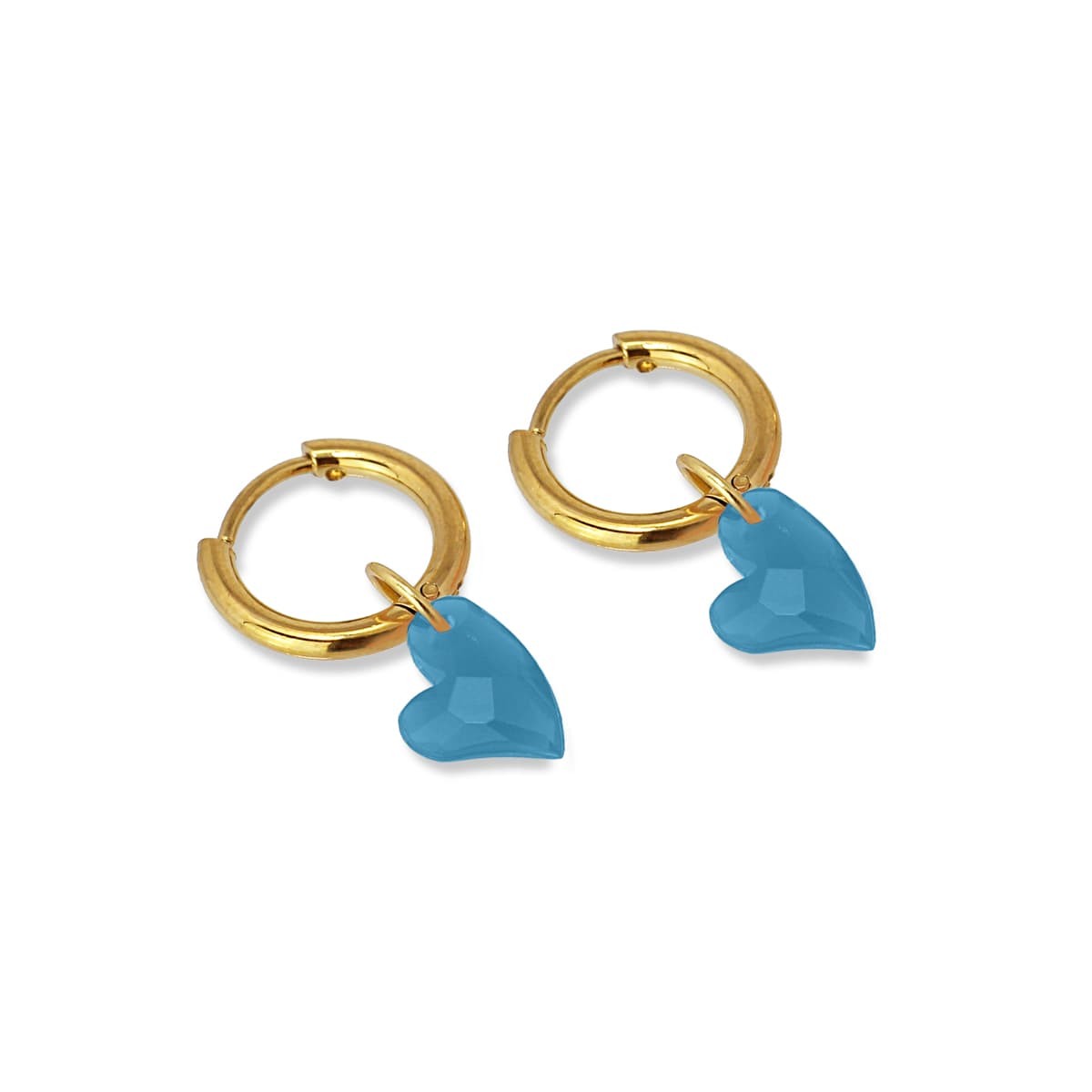 pendientes mini aros acero quirúrgico dorado abalorio acrílico corazón azul