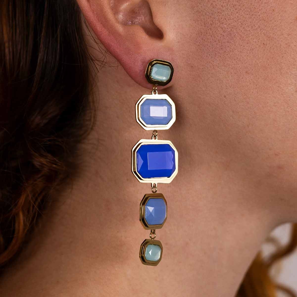 Pendientes largos piedra cristal  en azules
