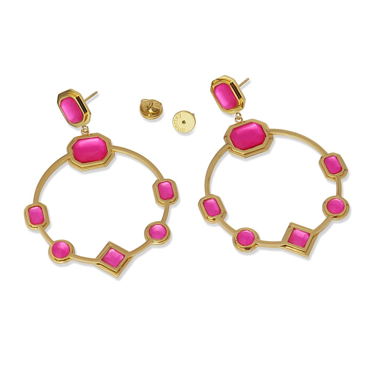 Pendientes largo circulares dorado acero quirúrgico plástico reciclado piedra coloreada rosa 2
