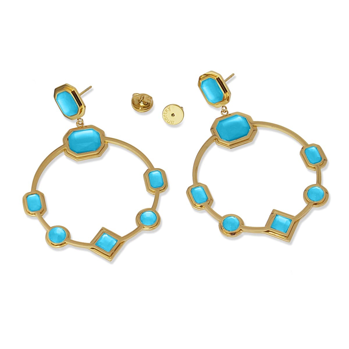 Pendientes largo circulares dorado acero quirúrgico plástico reciclado piedra coloreada azul