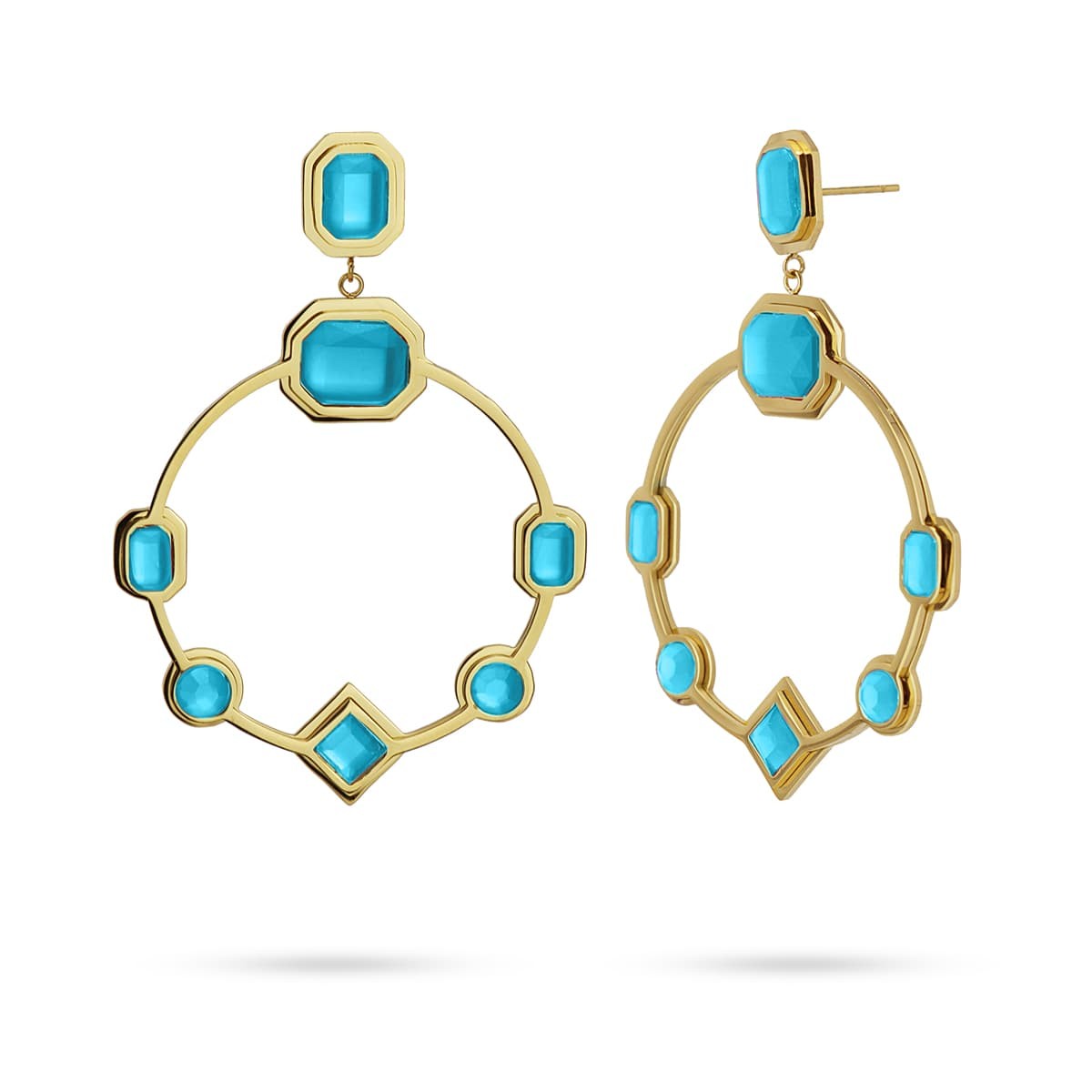 Pendientes largo circulares dorado acero quirúrgico plástico reciclado piedra coloreada azul 2