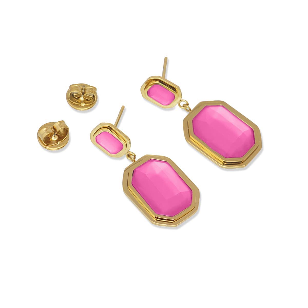 Pendientes cortos dorado acero quirúrgico plástico reciclado piedra coloreada rosa