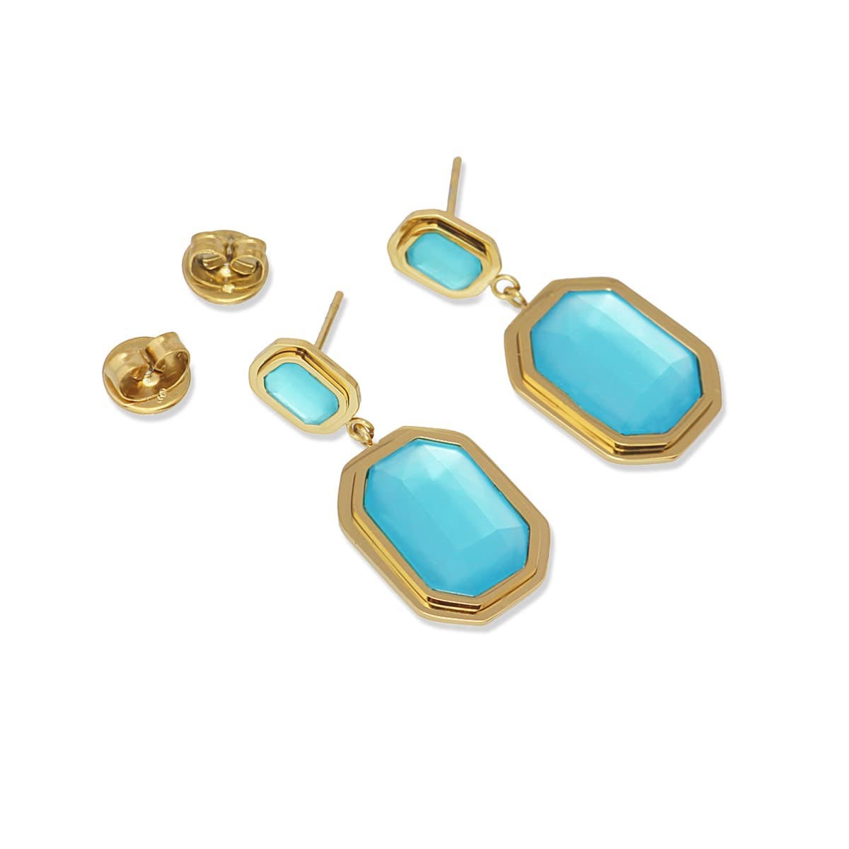 Pendientes cortos dorado acero quirúrgico plástico reciclado piedra azul