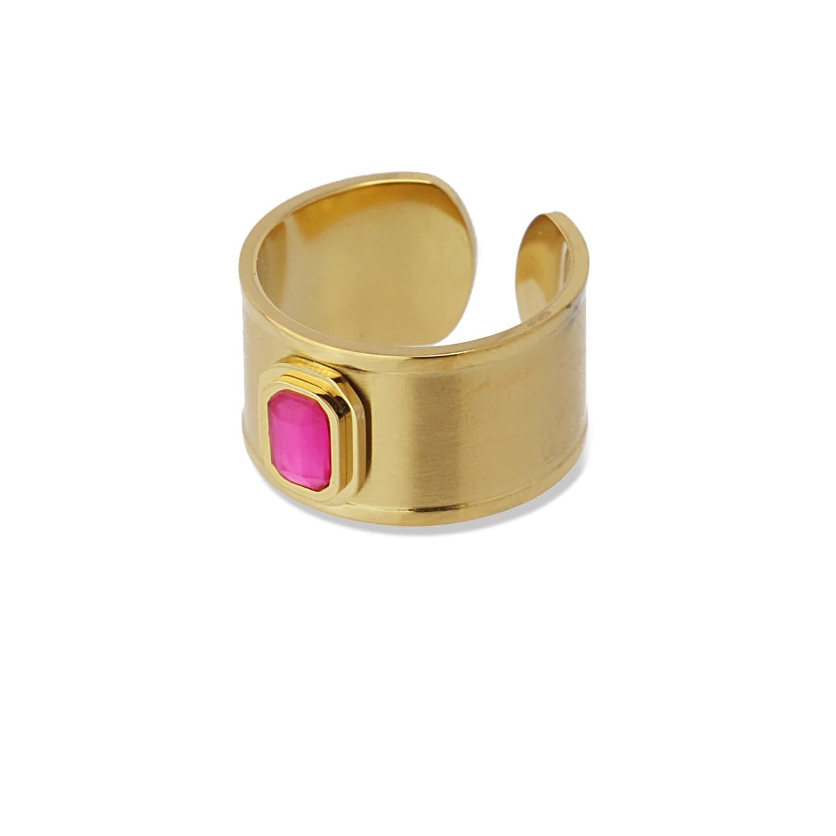 Anillo ancho dorado cadena eslabones acero quirúrgico plástico reciclado piedra coloreada  rosa