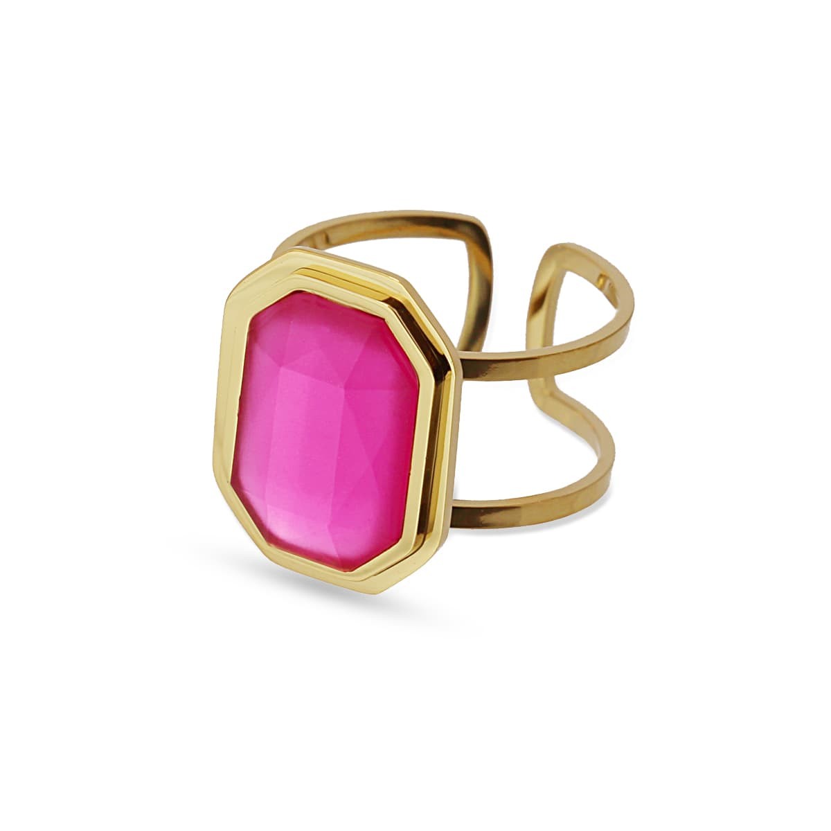 Maxi anillo dorado cadena eslabones acero quirúrgico plástico reciclado piedra coloreada rosa