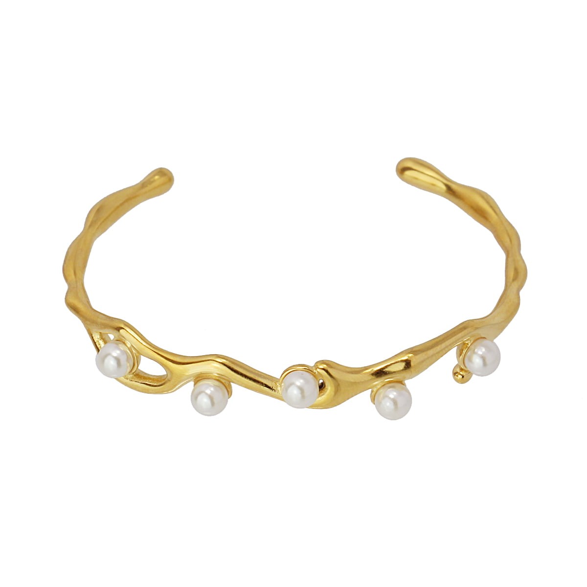 pulsera rígida acero abierta orgánica perlas  dorada