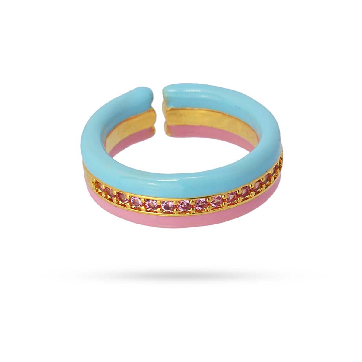 anillo ajustable acero tres lineas esmalte circonita rosa azul
