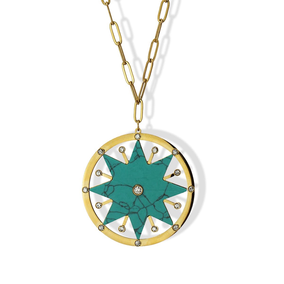 collar largo acero medallón estrella circonitas piedra natural verde
