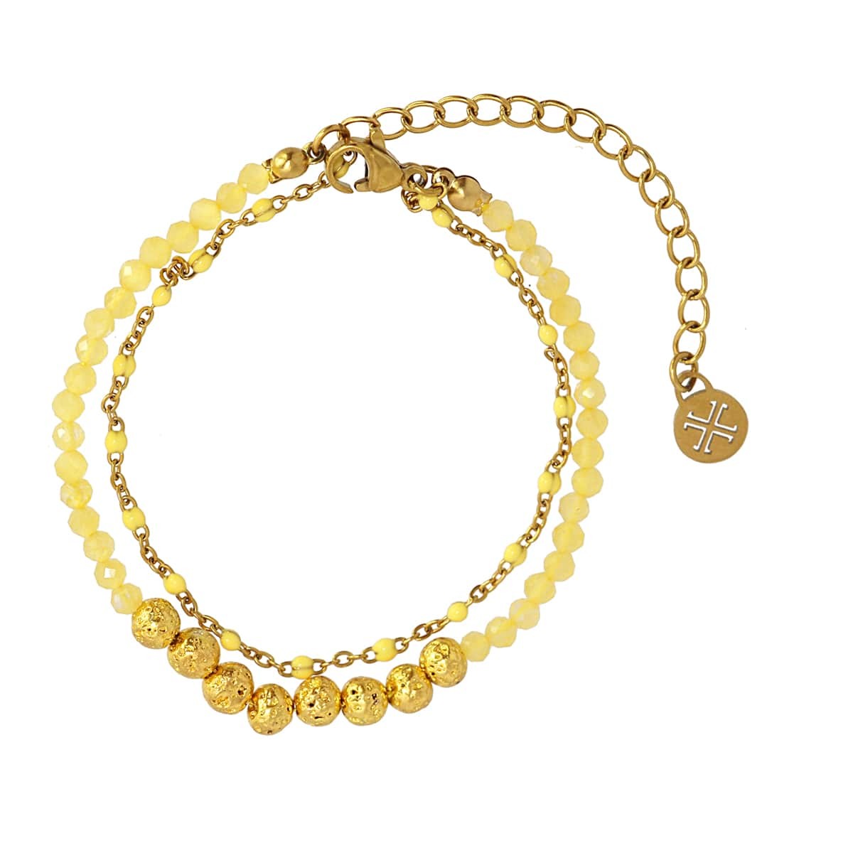 pulsera doble capa cristal color acero  amarillo