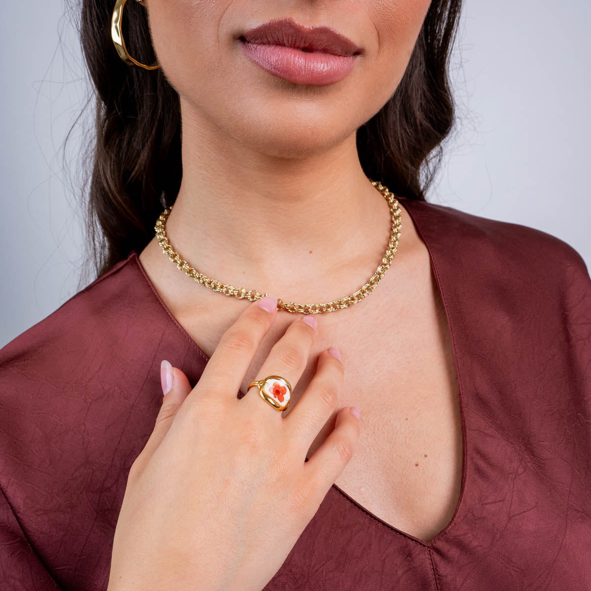 Anillo ajustable sello artesanal flor naranja Dorado Anartxy