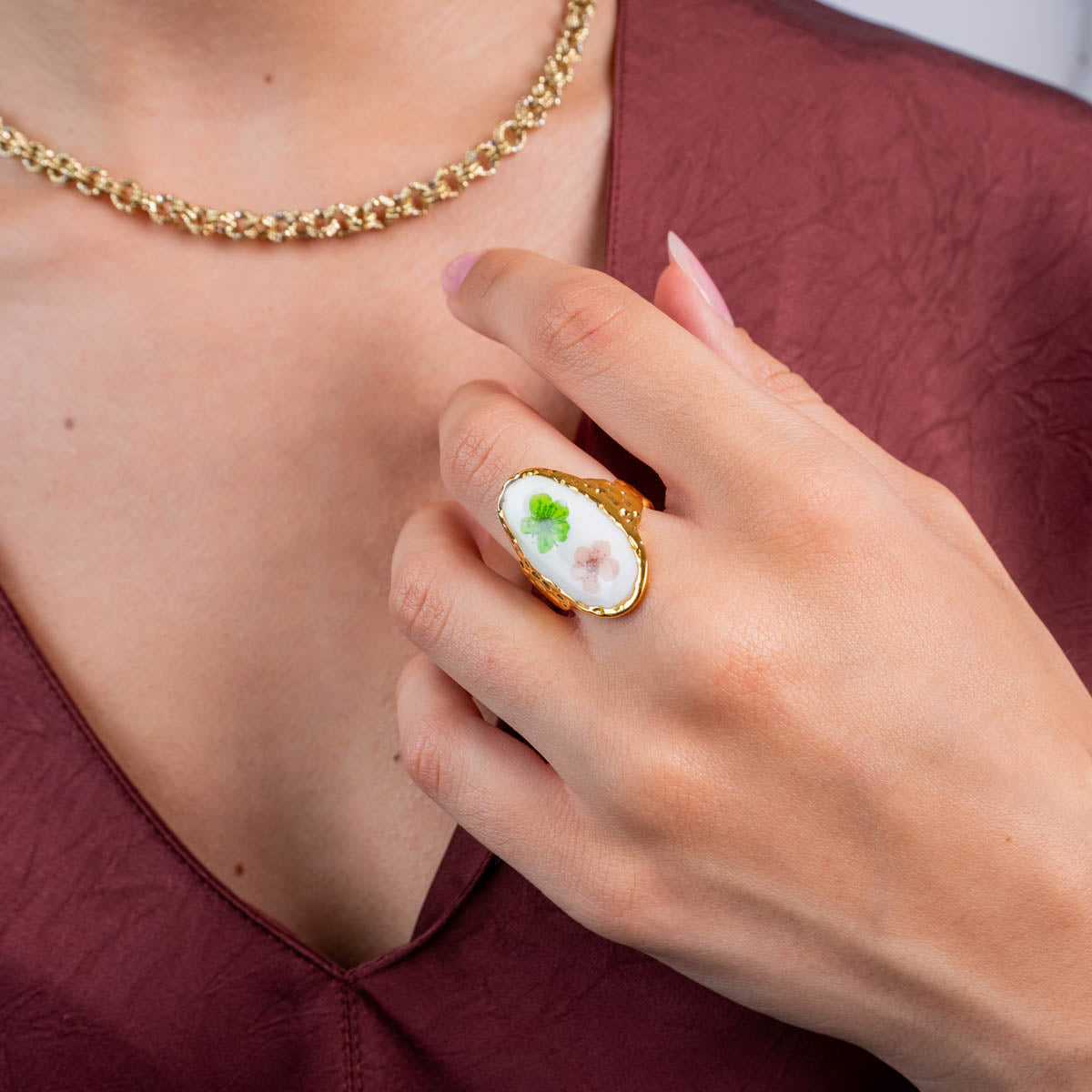 Anillo ajustable sello ovalado doble flor Dorado Anartxy