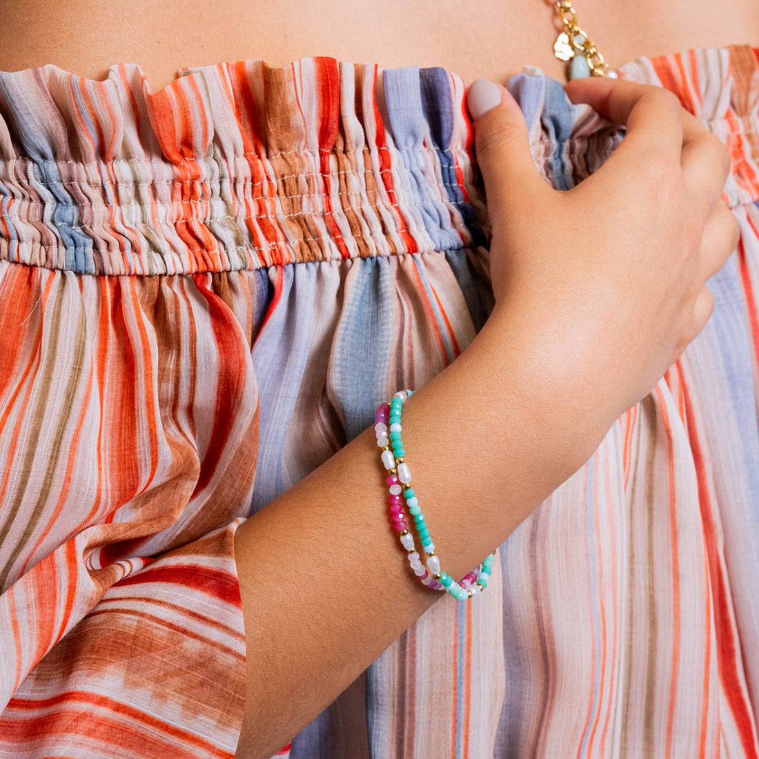 Pulsera elástica Spirit fina multicolor perlas Rosa Anartxy