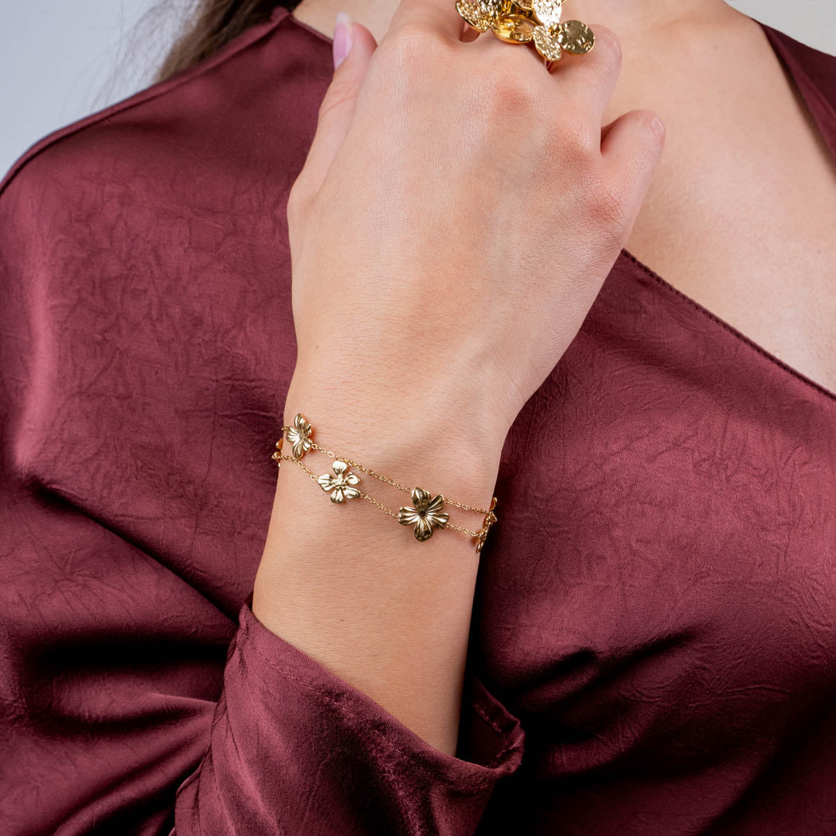 Pulsera Essentials flores doble cadena Dorado Anartxy