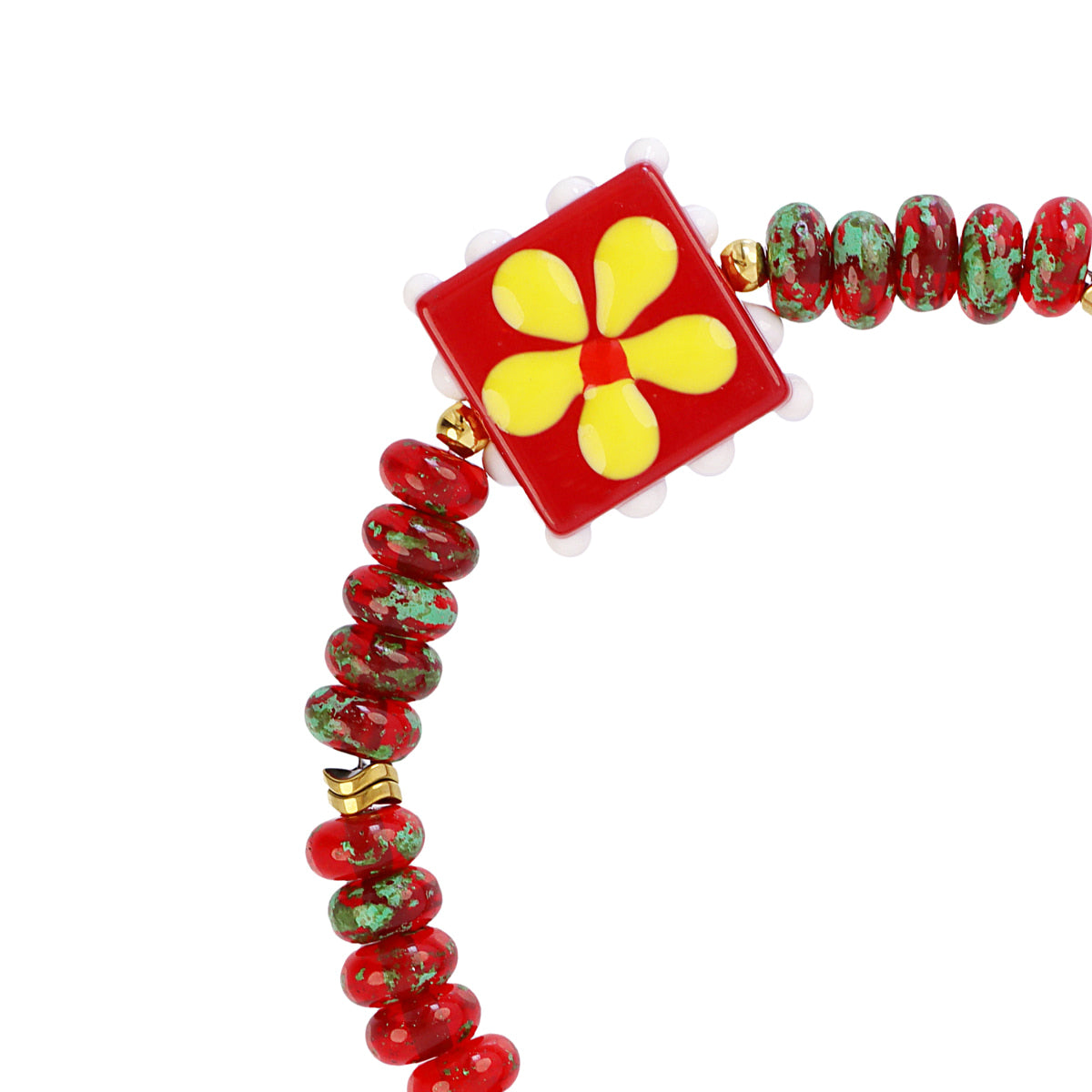 Pulsera elástica Trencadis roja flor central Dorado Anartxy