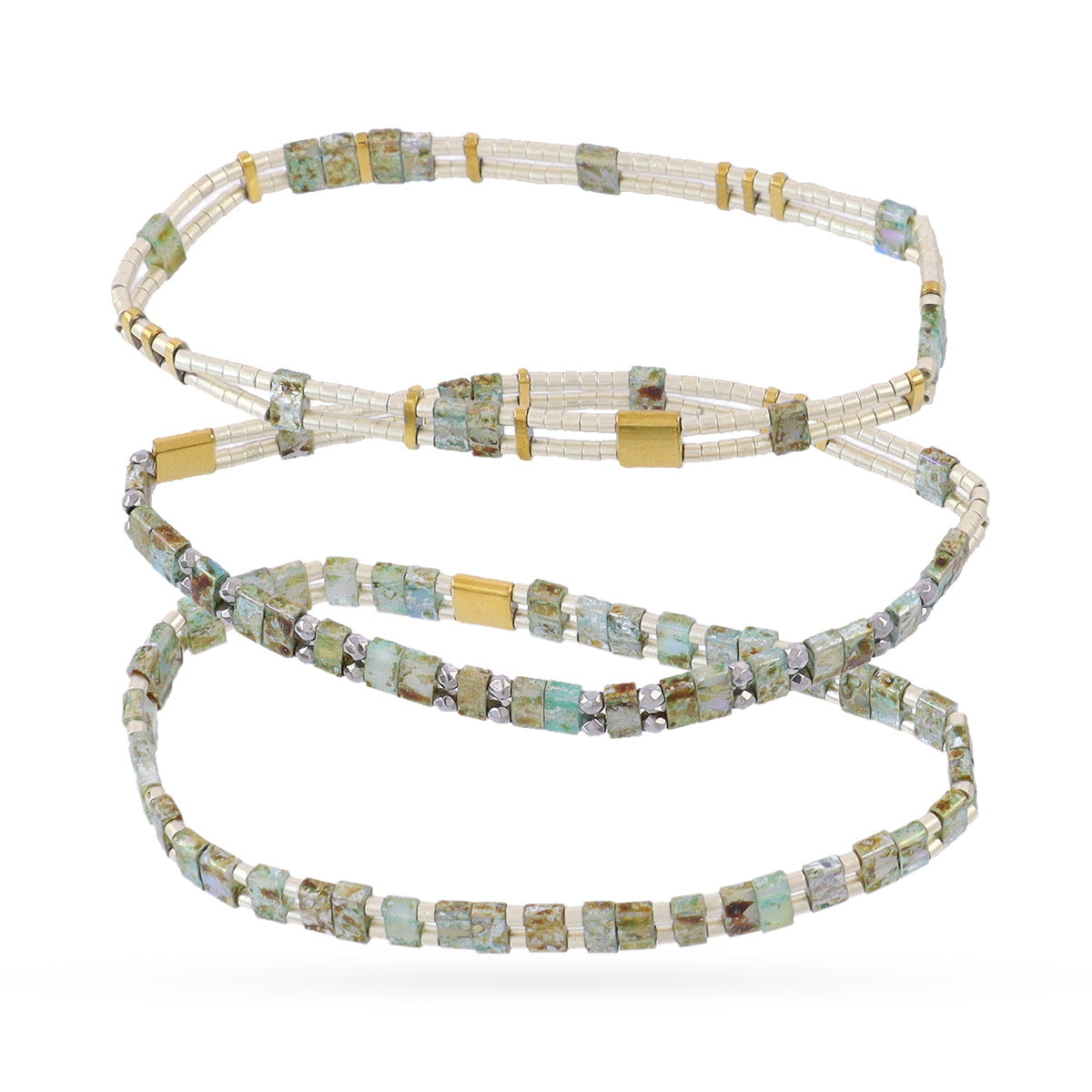 Pulsera Miyuki triple verde geométrica Turquesa Anartxy