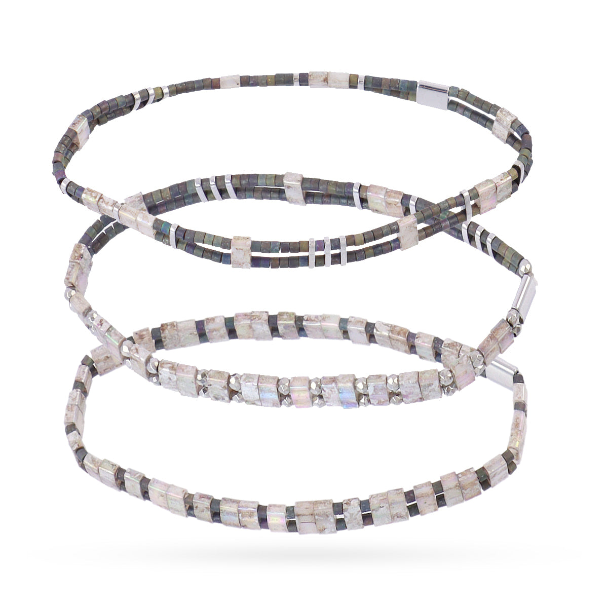 Pulsera Miyuki triple plateada geométrica Gris Anartxy