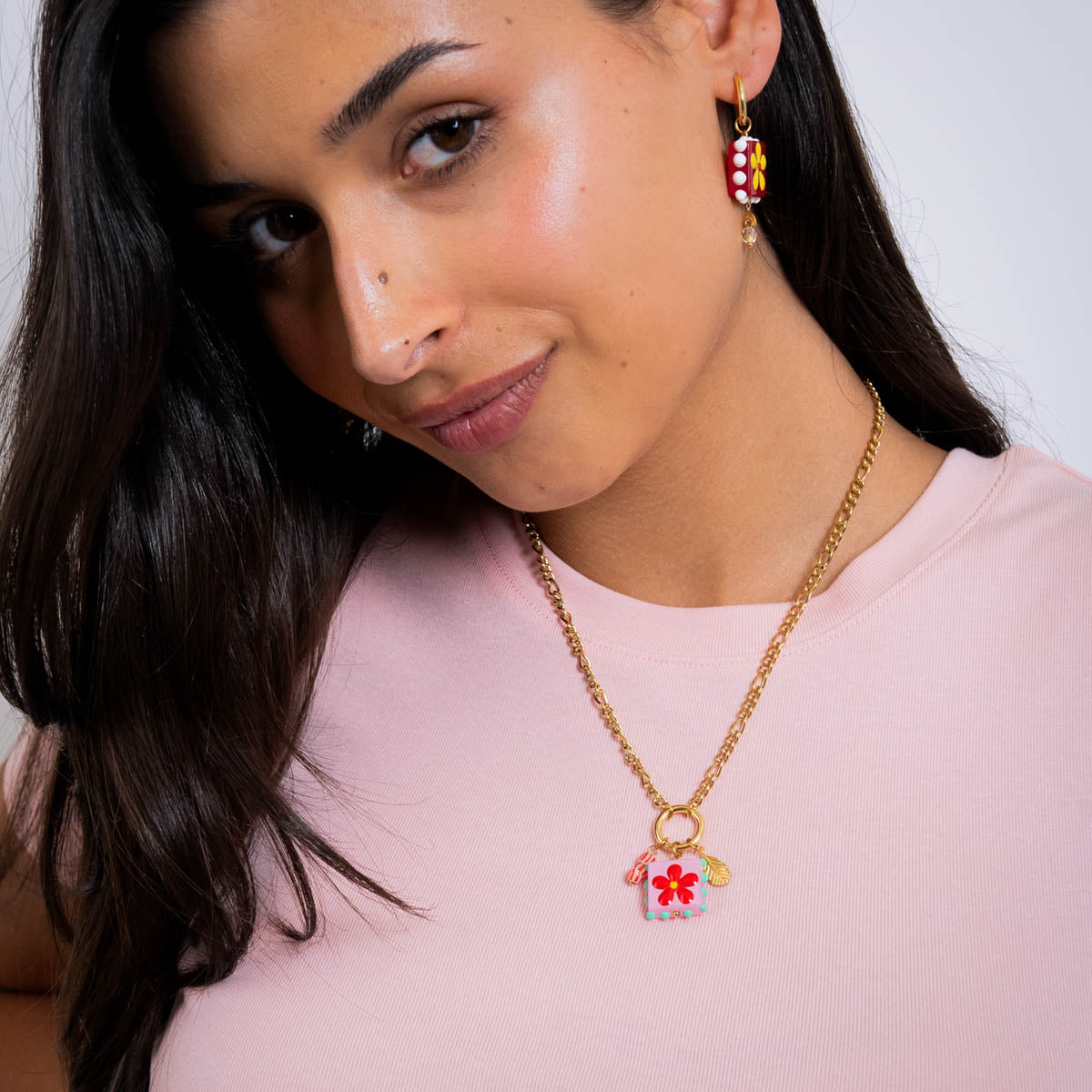 Collar Trencadis cadena sello flor roja Dorado Anartxy