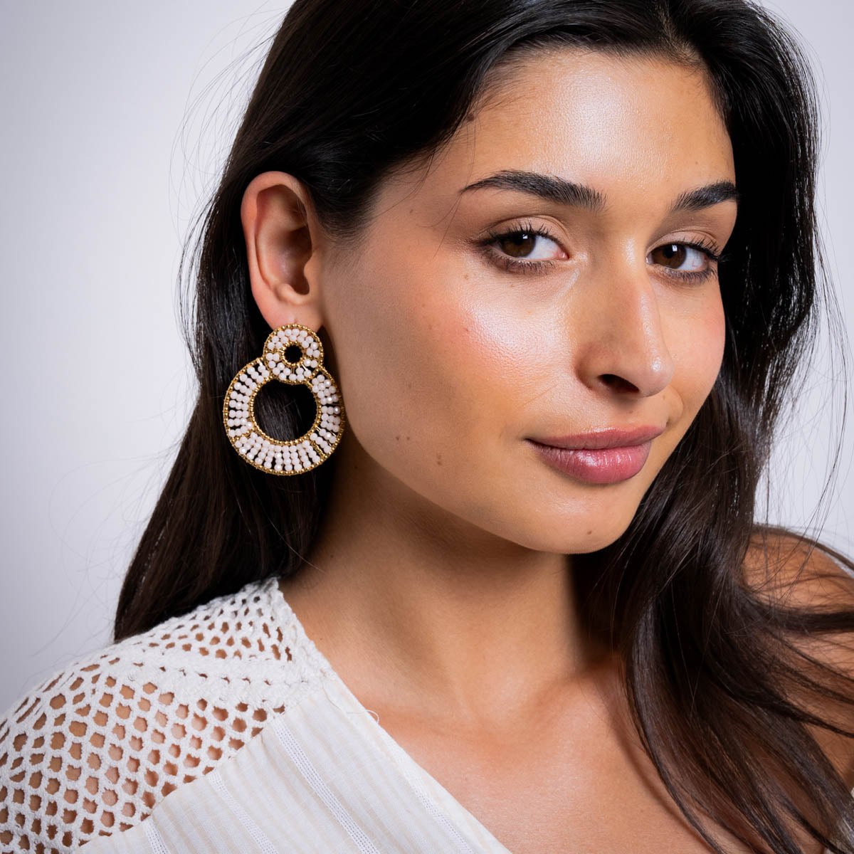 Aros doble Solea cuentas cristal Beige Anartxy