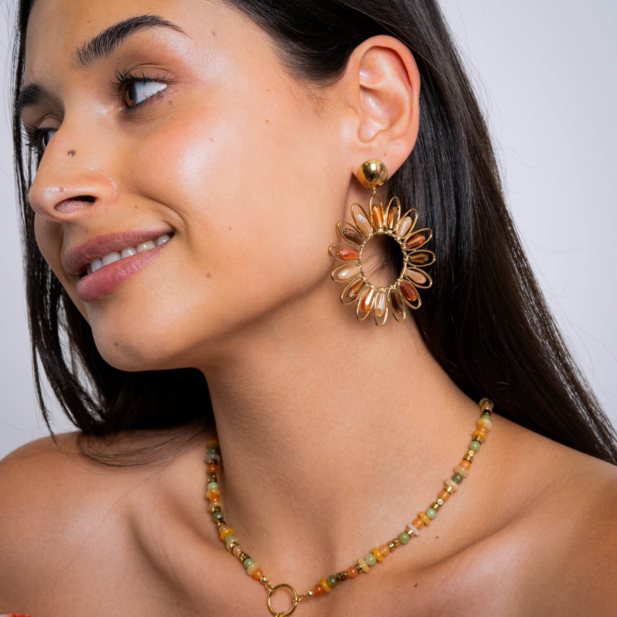 Pendientes largos Spirit flor solar Café Anartxy