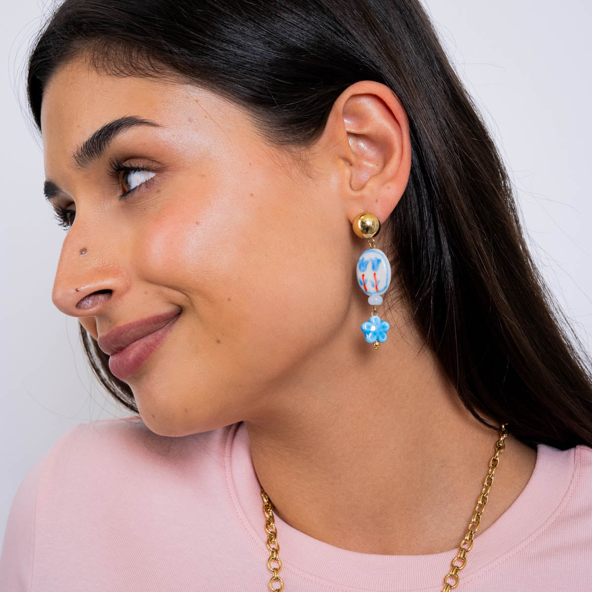 Pendientes largos Trencadis flor azul Dorado Anartxy