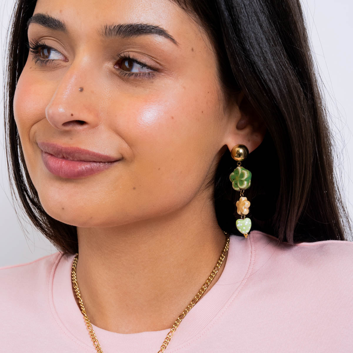 Pendientes largos Trencadis flor verde Dorado Anartxy