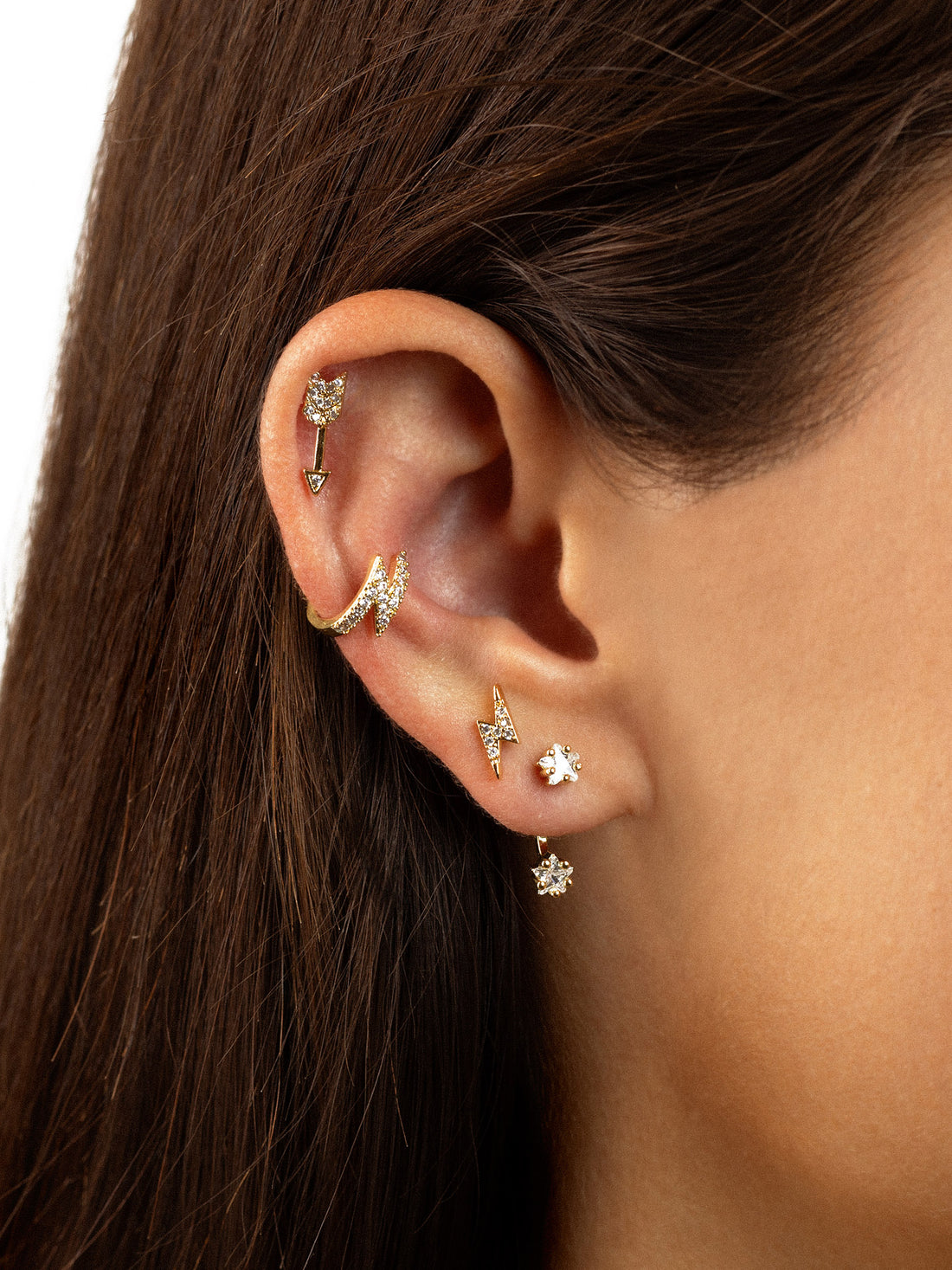 Conjunto Piercings Rayo, Flechazo, Colgante doble Estrella y Ear cuff Rayo Anartxy