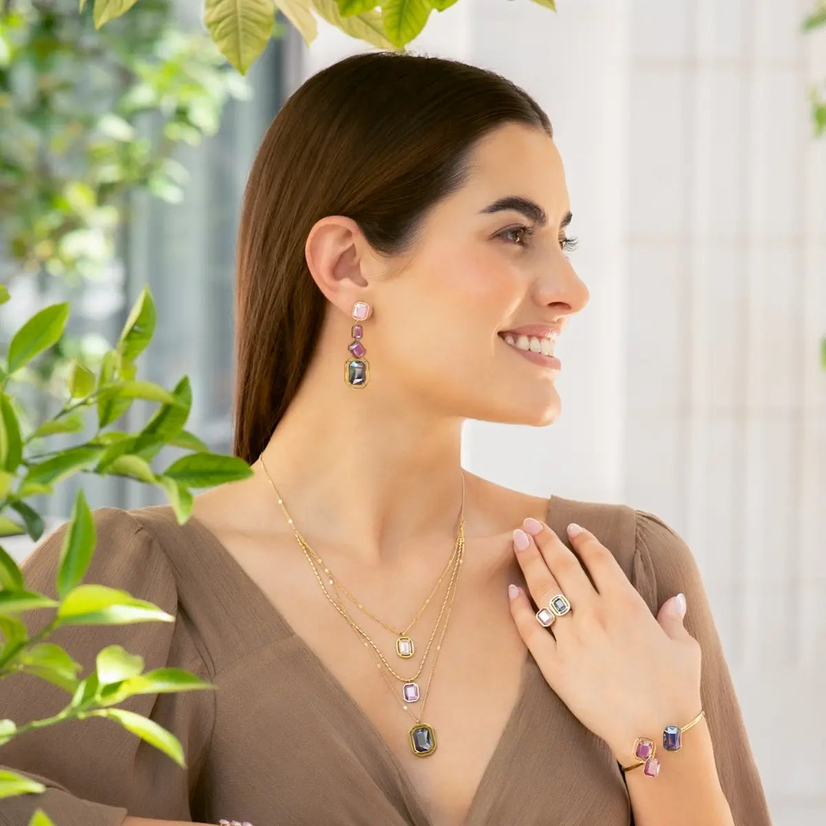 CONJUNTO PIXELS ROSA, collar, pendientes, pulsera, anillo Anartxy