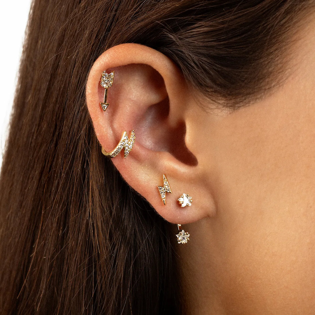 Conjunto Piercings Rayo, Flechazo, Colgante doble Estrella y Ear cuff Rayo Anartxy