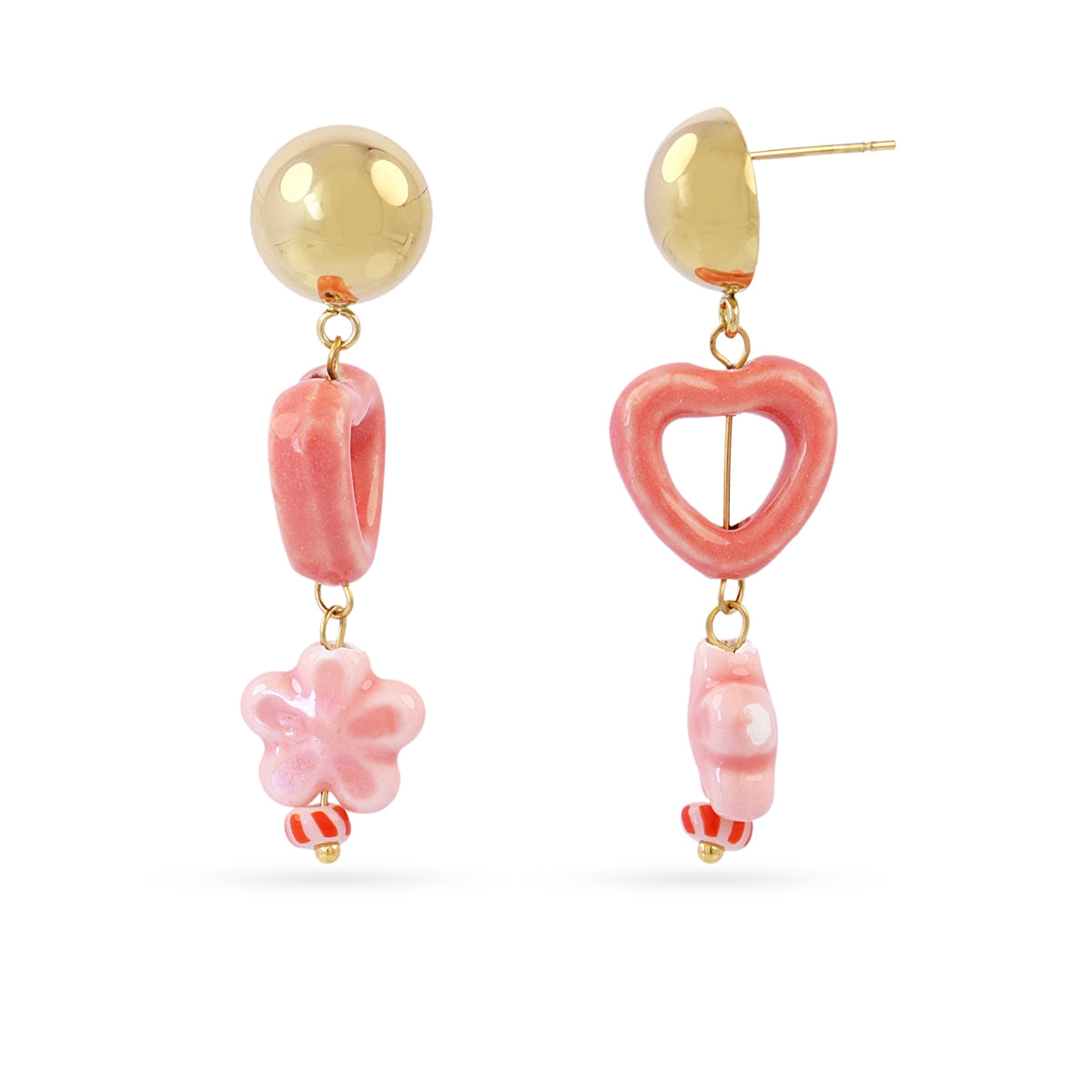 Pendientes largos Trencadis corazón rosa y flor Dorado Anartxy