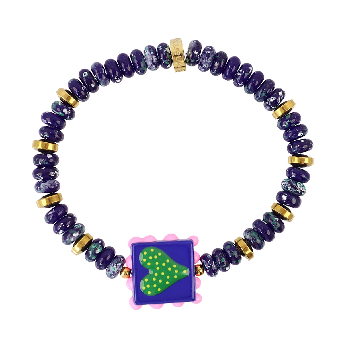 Pulsera elástica Trencadis azul corazón central Dorado Anartxy