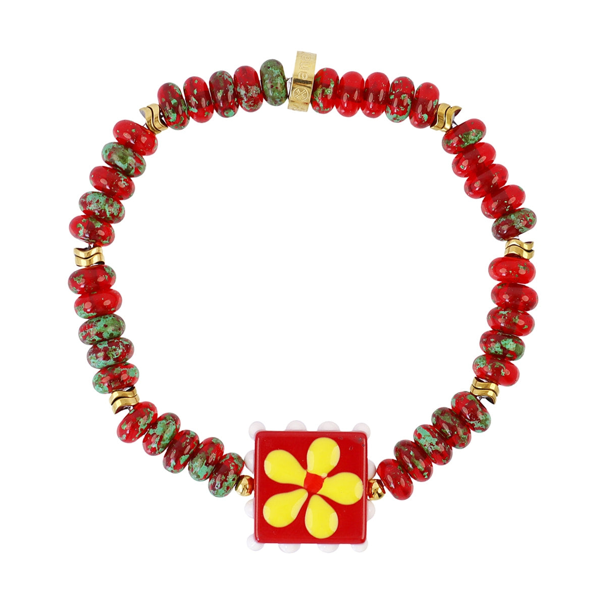 Pulsera elástica Trencadis roja flor central Dorado Anartxy