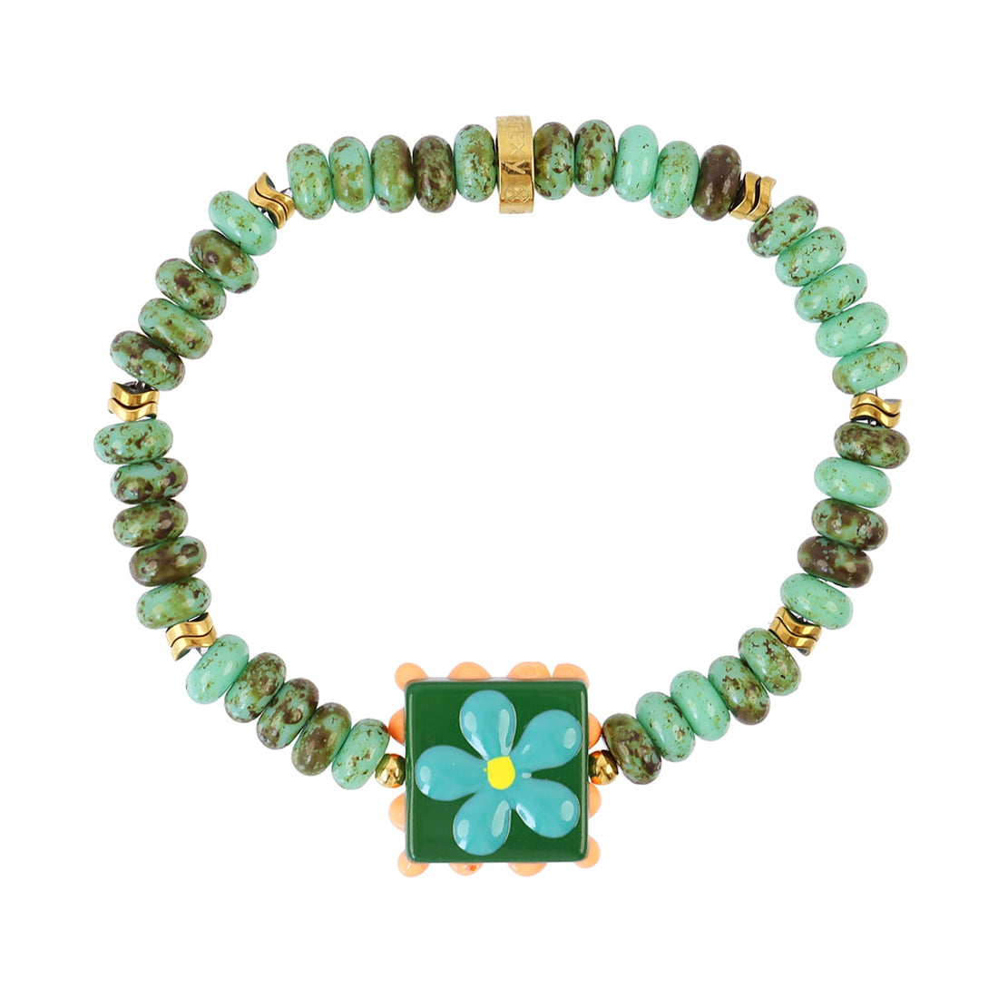 Pulsera elástica Trencadis verde agua flor central Dorado Anartxy