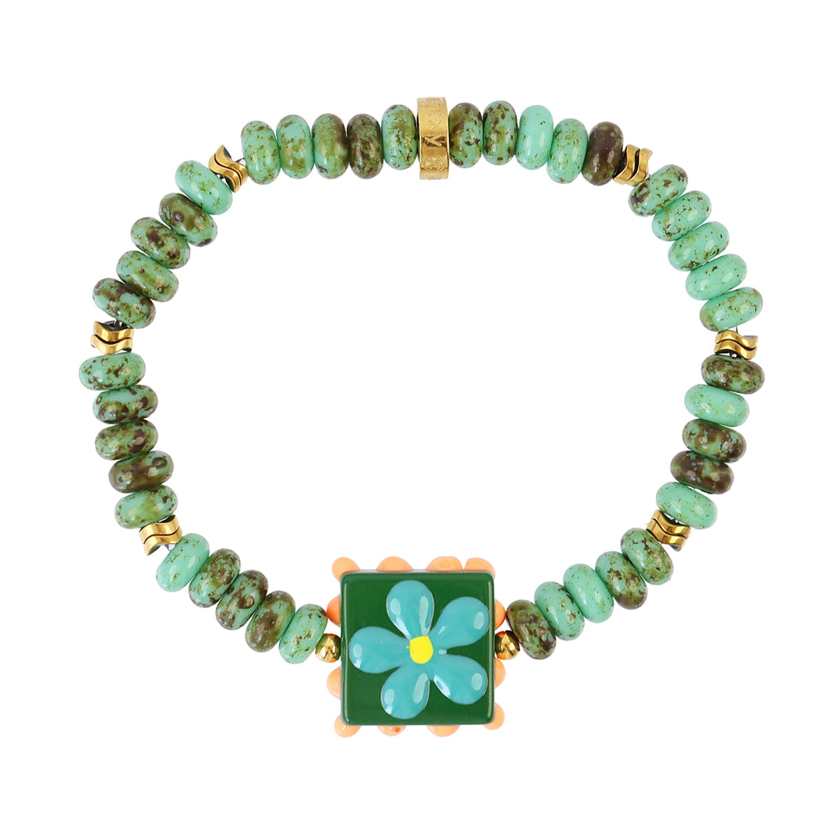 Pulsera elástica Trencadis verde agua flor central Dorado Anartxy
