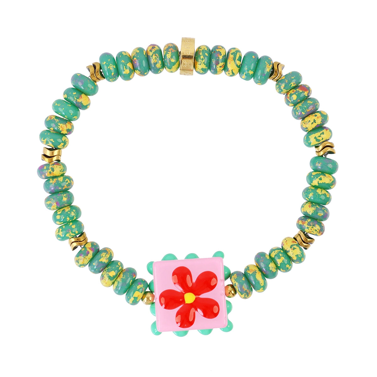 Pulsera elástica Trencadis verde flor central Dorado Anartxy