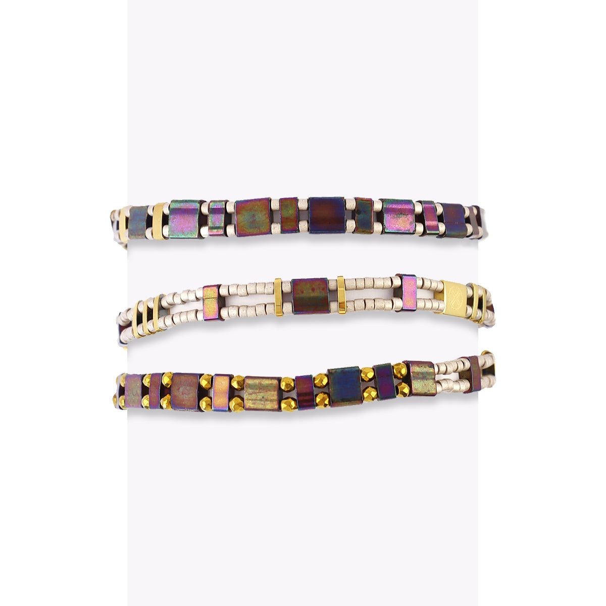 Pulsera Miyuki triple dorada geométrica Café Anartxy