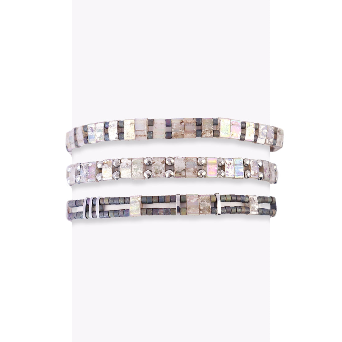 Pulsera Miyuki triple plateada geométrica Gris Anartxy