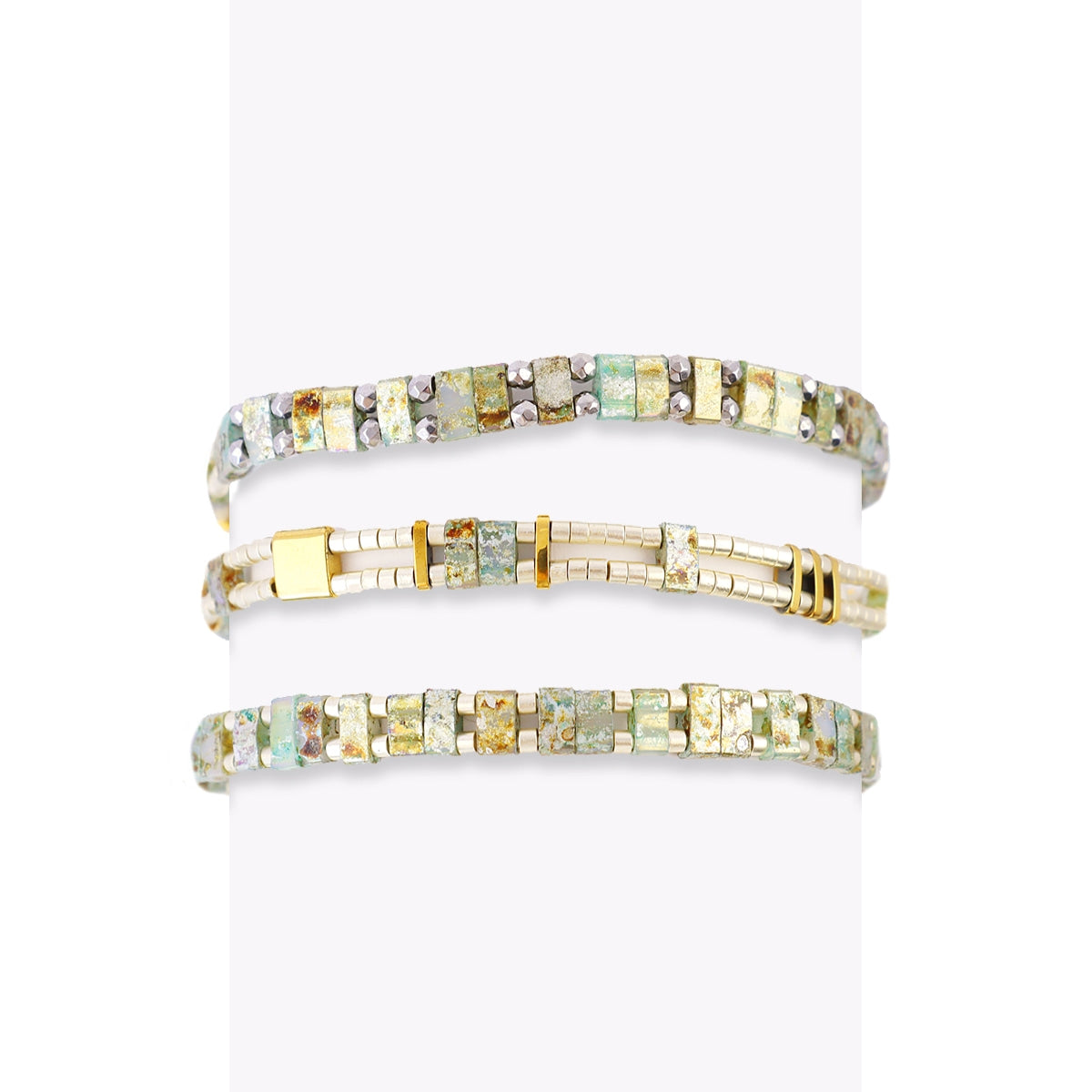 Pulsera Miyuki triple verde geométrica Turquesa Anartxy